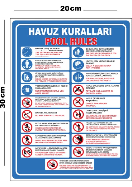 Metal Havuz Kuralları 20CM x 30CM A4 Büyüklüğünde Uyarı Levhası Yönlendirme Tabelası
