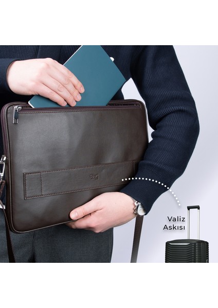S.deri Laptop Çantası,tablet Çantası,14'' Inç,vegan,omuz ve Valiz Askılı,aksesuar ve Evrak Cepli,25.5*36*2 Cm.,kahverengi fırsatları