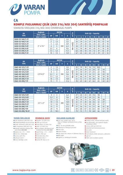 Varan CA 65-40-125/3.0T Paslanmaz Santrifüj Pompa 4 HP / 3 kW, Trifaze 380 V, 31 Mss (AISI 304)