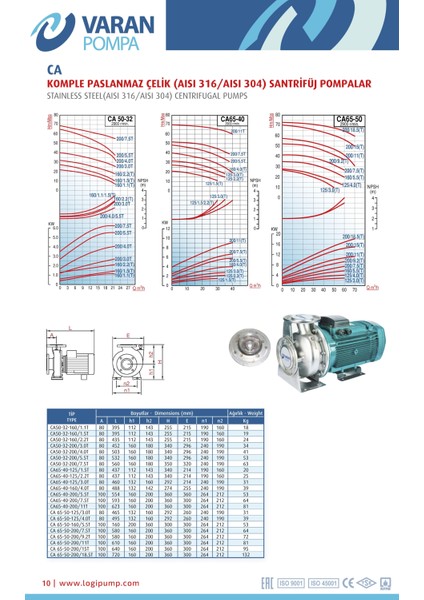 Varan CA 65-40-125/3.0T Paslanmaz Santrifüj Pompa 4 HP / 3 kW, Trifaze 380 V, 31 Mss (AISI 304)