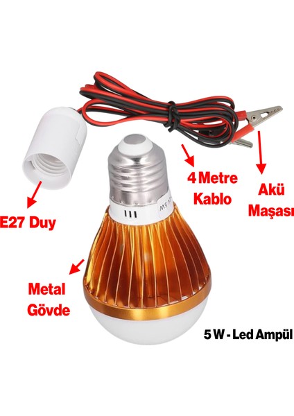 Akü Pensli 4 Metre Kablolu 12 V Tasarruflu Seyyar LED Ampul 5W Lamba Anahtarlı Aydınlatma Beyaz Işık