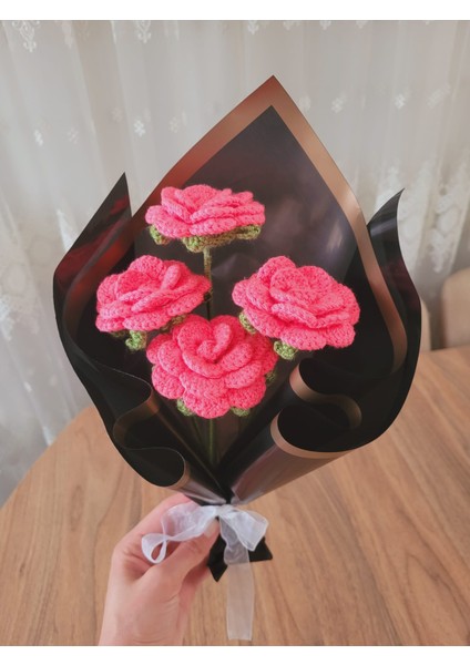 Örgü Çiçek Buketi, Koyu Pembe Gül Buketi, Anneler Günü, Sevgililer Günü, Özel Günler Hediye Yapay Çiçek, Gıftandflowers