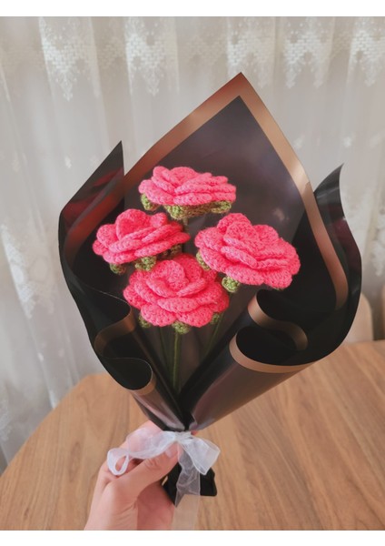 Örgü Çiçek Buketi, Koyu Pembe Gül Buketi, Anneler Günü, Sevgililer Günü, Özel Günler Hediye Yapay Çiçek, Gıftandflowers fiyatları