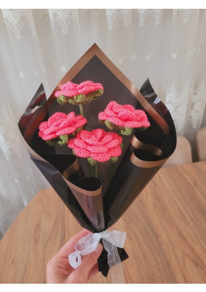 Örgü Çiçek Buketi, Koyu Pembe Gül Buketi, Anneler Günü, Sevgililer Günü, Özel Günler Hediye Yapay Çiçek, Gıftandflowers modelleri