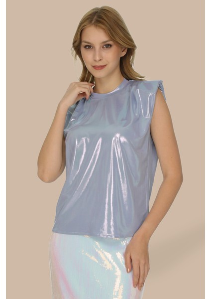 Parlak Kolsuz Vatkalı Oversize T-Shirt modelleri