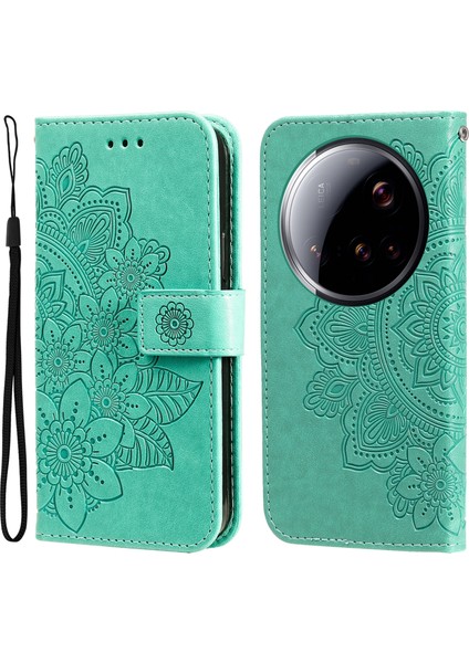 Xiaomi 15 Ultra Kılıf Çiçek Desenli Pu Deri Cüzdan Standlı Telefon Kapağı-Yeşil (Yurt Dışından)