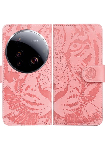 Xiaomi 15 Ultra Kılıf Tiger Baskı Deri Cüzdan Telefon Kapağı-Pembe (Yurt Dışından)