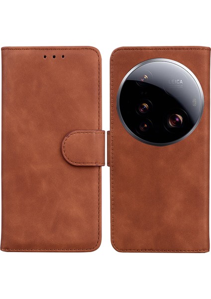 Xiaomi 15 Ultra Kılıf Düz Renk Deri Cüzdan Telefon Kapağı-Kahverengi (Yurt Dışından)