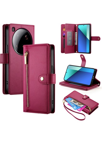 DF-011 Xiaomi 15 Ultra Kılıf Fermuarlı Cep Cüzdan Deri Telefon Kılıfı Askılı-Kırmızı (Yurt Dışından)