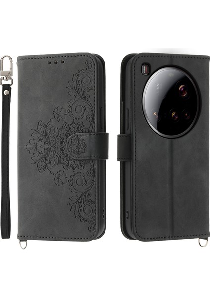 Xiaomi 15 Ultra Kılıf Çiçek Desenli Pu Deri Cüzdan Telefon Kılıfı Askılı-Siyah (Yurt Dışından)