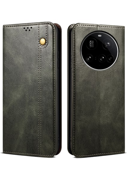 Xiaomi 15 Ultra Kılıf Crazy Horse Doku Mumlu Deri Cüzdan Standlı Telefon Kapağı-Yeşil (Yurt Dışından)