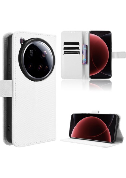 Xiaomi 15 Ultra Deri Cüzdan Kılıfı Askılı Elmas Dokulu Telefon Kapağı-Beyaz (Yurt Dışından)