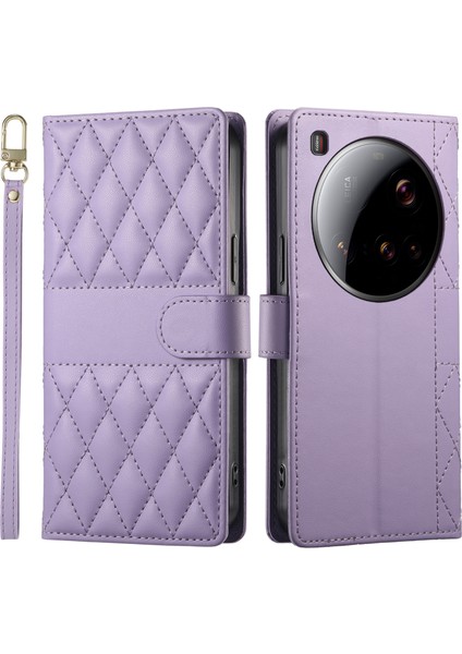 Xiaomi 15 Ultra Kılıf Eşkenar Dörtgen Dikişli Cüzdan Standı Uzun / Kısa Askılı Deri Telefon Kılıfı-Mor (Yurt Dışından)