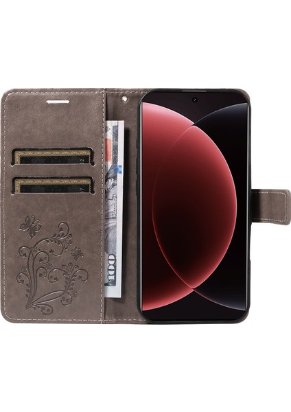 Xiaomi 15 Ultra Cüzdan Kılıf Çiçek Baskılı Deri Telefon Kılıfı Stand-Gri (Yurt Dışından)