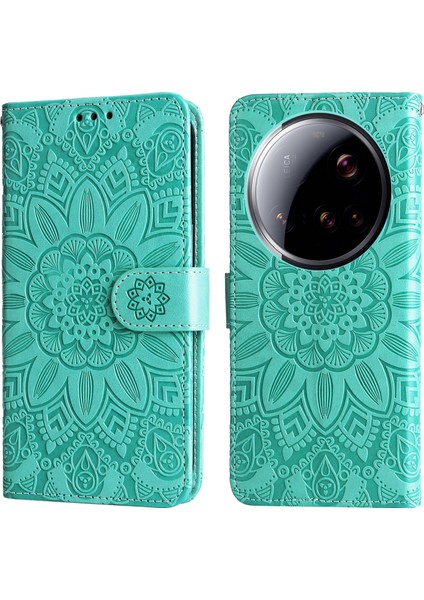 Xiaomi 15 Ultra Kılıf Ayçiçeği Baskılı Deri Cüzdan Telefon Kapağı-Yeşil (Yurt Dışından)