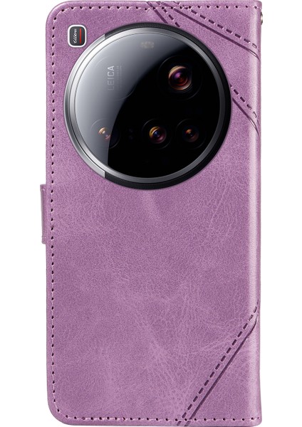 Xiaomi 15 Ultra Deri Kılıf Geometrik Çizgi Tasarımlı Cüzdan Telefon Kılıfı Bilek Kayışlı-Mor (Yurt Dışından) modelleri