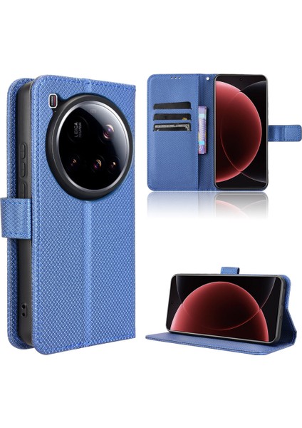 Xiaomi 15 Ultra Deri Cüzdan Kılıfı Askılı Elmas Dokulu Telefon Kapağı-Mavi (Yurt Dışından)