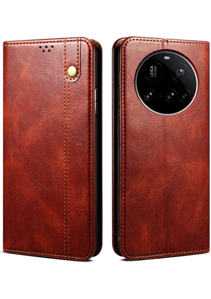 Xiaomi 15 Ultra Kılıf Crazy Horse Doku Mumlu Deri Cüzdan Standlı Telefon Kapağı-Kahverengi (Yurt Dışından)