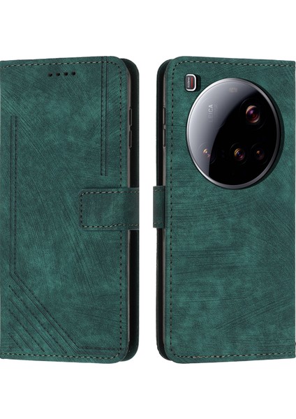 Xiaomi 15 Ultra Kılıf Baskılı Çizgiler Deri Telefon Kılıfı - Yeşil Standlı (Yurt Dışından)