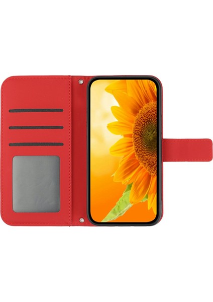 Xiaomi 15 Ultra Kılıf Ayçiçeği Baskılı Pu Deri Telefon Kılıfı Uzun Askılı-Kırmızı (Yurt Dışından)