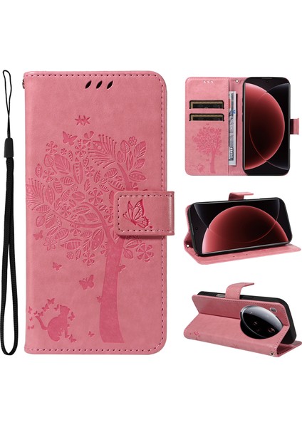 Xiaomi 15 Ultra Standlı Telefon Kılıfı Kedi Ağacı Desenli Deri Cüzdan Mobil Kapak-Pembe (Yurt Dışından)