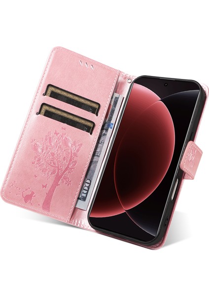 Xiaomi 15 Ultra Standlı Telefon Kılıfı Için Kedi Ağacı Desenli Deri Cüzdan Mobil Kapak-Gül Altın (Yurt Dışından)