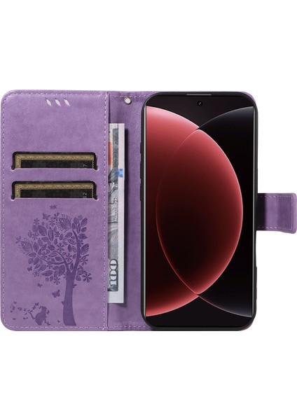 Xiaomi 15 Ultra Standlı Kedi Ağacı Desenli Deri Cüzdan Mobil Kapaklı Telefon Kılıfı - Açık Mor (Yurt Dışından) fırsatları
