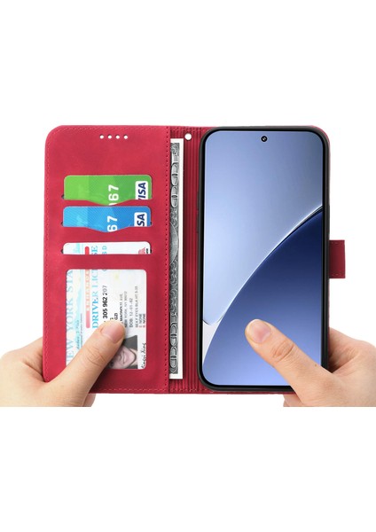 Dıerfeng Df-03 Xiaomi 15 Ultra Deri Kılıf Hatları Baskı Cüzdan Telefon Kapağı-Kırmızı (Yurt Dışından) modelleri
