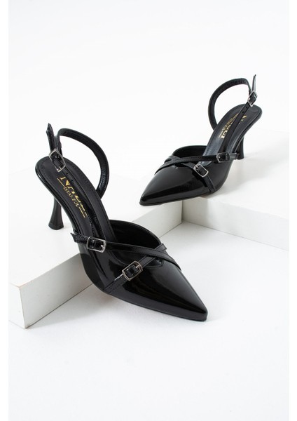Çift Toka Detaylı Arkası Açık Rugan Sivri Burun 8 cm Ince Topuklu Stiletto Kadın Ayakkabı fırsatları