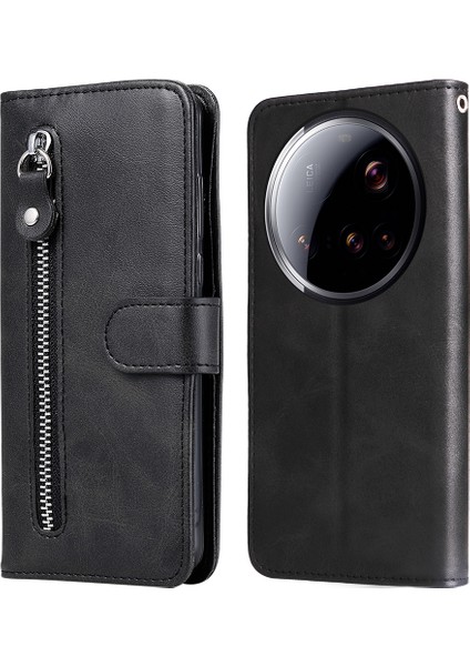 Xiaomi 15 Ultra Kılıf Fermuarlı Cüzdan Dana Dokulu Pu Deri Telefon Kapağı-Siyah (Yurt Dışından)