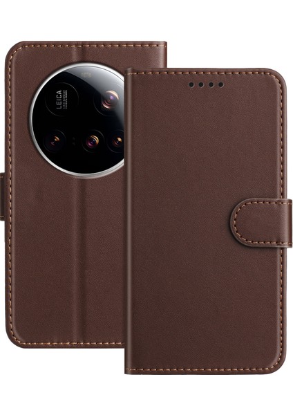 Xiaomi 15 Ultra Deri Kılıf Cüzdan Standı Düz ​​renk Anti Drop Telefon Kapağı-Kahverengi (Yurt Dışından)