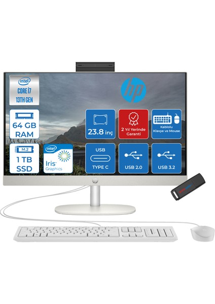 Proone 240 G10 Intel I7-1355U 64GB 1tb SSD Iris Xe Graphics Freedos 23.8" Full Hd Beyaz All In One Bilgisayar AA1JY8ESF23+ZETTAUSBBELLEK