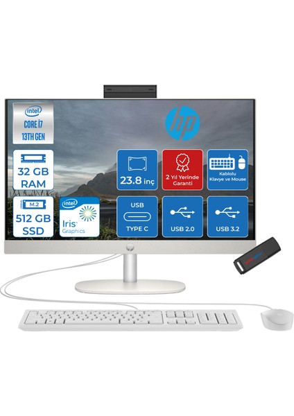 Proone 240 G10 Intel I7-1355U 32GB 512GB SSD Iris Xe Graphics Freedos 23.8" Full Hd Beyaz All In One Bilgisayar AA1JY8ESF12+ZETTAUSBBELLEK