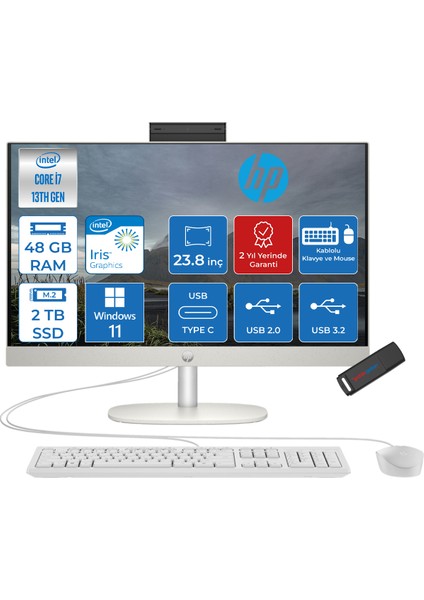 Proone 240 G10 Intel I7-1355U 48GB 2tb SSD Iris Xe Graphics Windows 11 Pro 23.8" Full Hd Beyaz All In One Bilgisayar AA1JY8ESW19+ZETTAUSBBELLEK