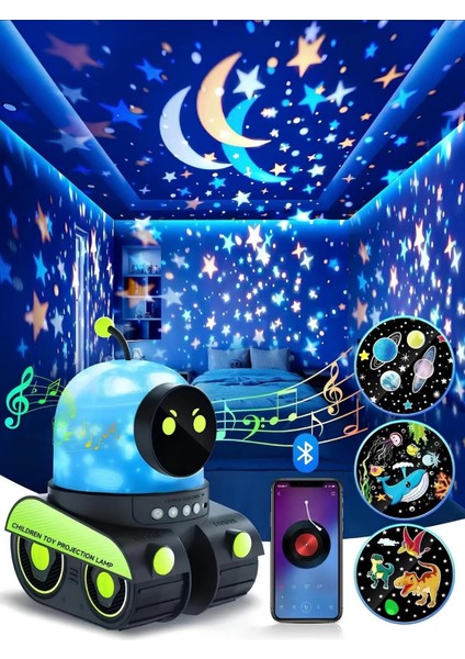 Robot Gece Lambası Projektör Gece Lambası Şarjlı Gece Lambası Çok Renkli Bluetooth Hoparlörlü Gece Lambası Değiştirilebilir Filmli Gece Lambası Çocuk Lambası Çocuk Odası Aydınlatma