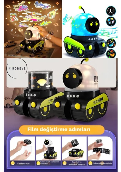 Robot Gece Lambası Projektör Gece Lambası Şarjlı Gece Lambası Çok Renkli Bluetooth Hoparlörlü Gece Lambası Değiştirilebilir Filmli Gece Lambası Çocuk Lambası Çocuk Odası Aydınlatma