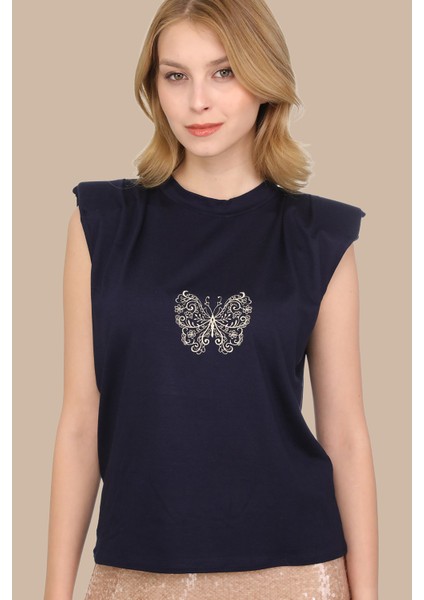 Kolsuz Kelebek Nakışlı Oversize Vatkalı T-Shirt