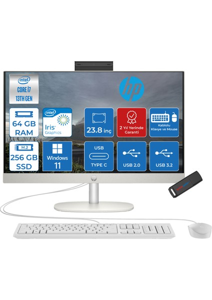 Proone 240 G10 Intel I7-1355U 64GB 256GB SSD Iris Xe Graphics Windows 11 Pro 23.8" Full Hd Beyaz All In One Bilgisayar AA1JY8ESW21+ZETTAUSBBELLEK