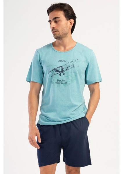 Erkek Kısa Kol Mint Şortlu Pijama Takım %100 Pamuk C1T3N1O504