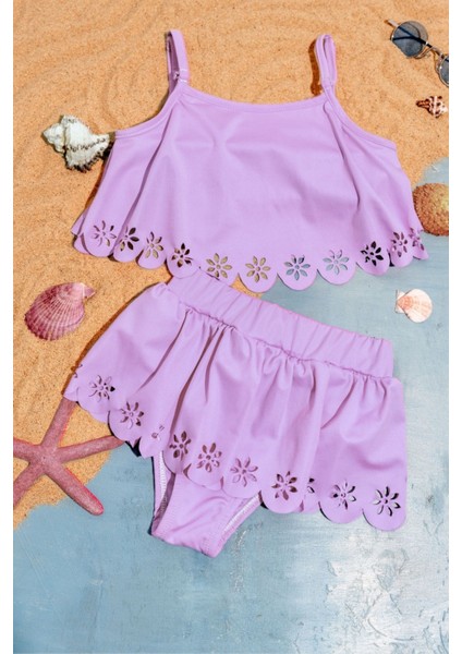 Kız Çocuk Brode Çiçekli Bikini Takımı