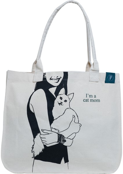 Canvas Çanta - Kedi Annesi/ Doğalbej Canvas Kumaş Emprime Baskı