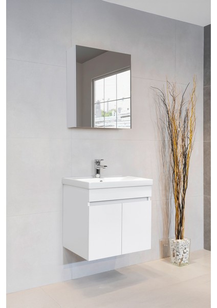 Star Banyo Dolabı Seti ( 60 cm Parlak Beyaz Aynalı Lavabolu Mdf )