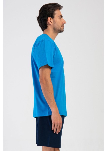Erkek Kısa Kol Indigo Şortlu Pijama Takım %100 Pamuk C4T3N4O804