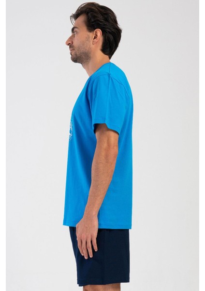 Erkek Kısa Kol Indigo Şortlu Pijama Takım %100 Pamuk C4T3N4O804