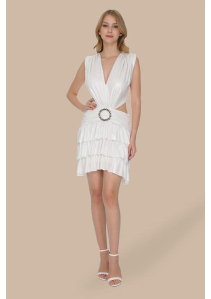 Tokalı Cut Out Katlı Mini Elbise