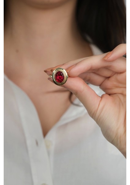 14 Ayar Altın Kırmızı Taşlı Yüzük 900