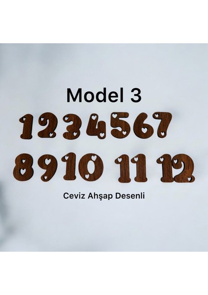  Ahşap Kontraplak, Lazer Kesim, Duvar Saati Rakam Seti (10 Renk Seçeneği) Yükseklik 3 cm - Kalpli Model