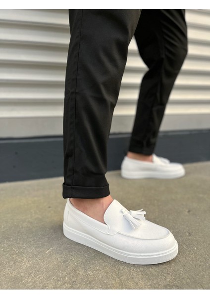 JY153 Bloomer Bağcıksız Püsküllü Cilt Erkek Günlük Klasik Ayakkabı - Siyah Beyaz