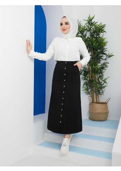 Boydan Düğmeli Gabardin Etek