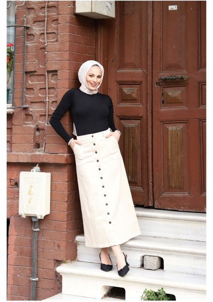 Boydan Düğmeli Gabardin Etek